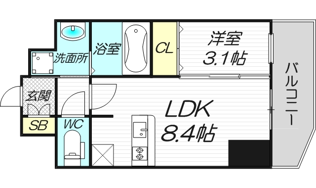 大阪府大阪市西淀川区歌島１丁目,プレサンス塚本アクミリオン1101号室1LDK30.4㎡西向き角部屋の間取り図